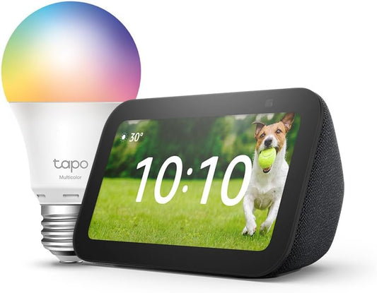 Echo Show 5 (3ª generazione) | Antracite + Tapo L530EA Lampadina LED Smart (E27), Compatibile con Alexa - Kit di base per Casa Intelligente