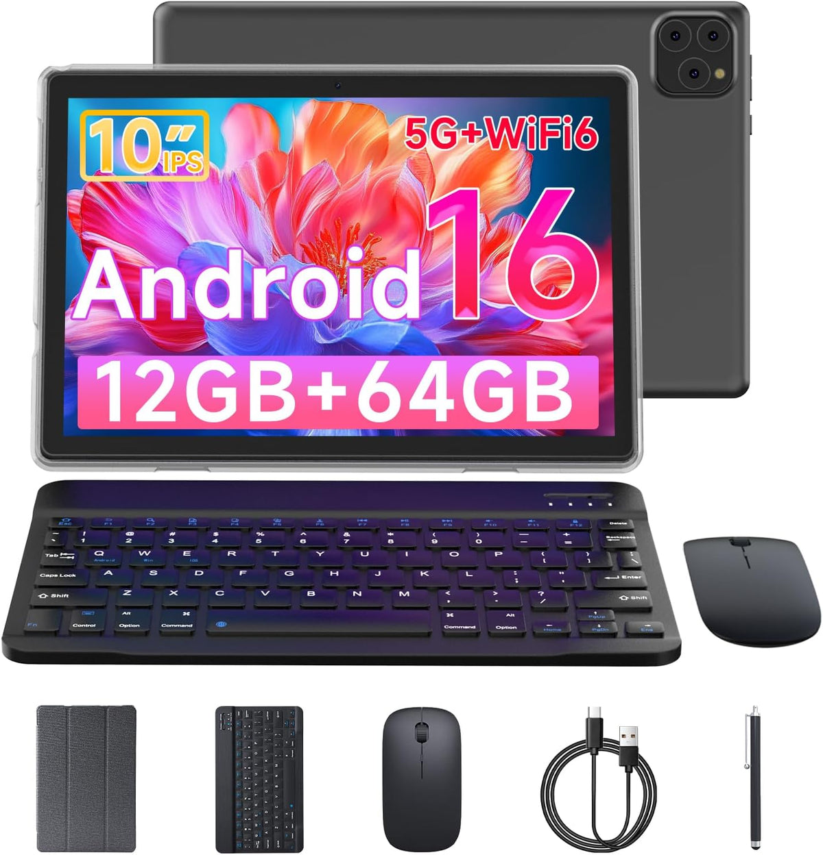 Vyrolinia Android Tablet 15, 10 Inch 12GB RAM+64GB ROM/2TB Expandable Tablet, 1280*800 HD Touch Screen, 5G WiFi6 BT 5.0, 2 in 1 Tablet with Keyboard Case Mouse Stylus Pink (Black)(Black)