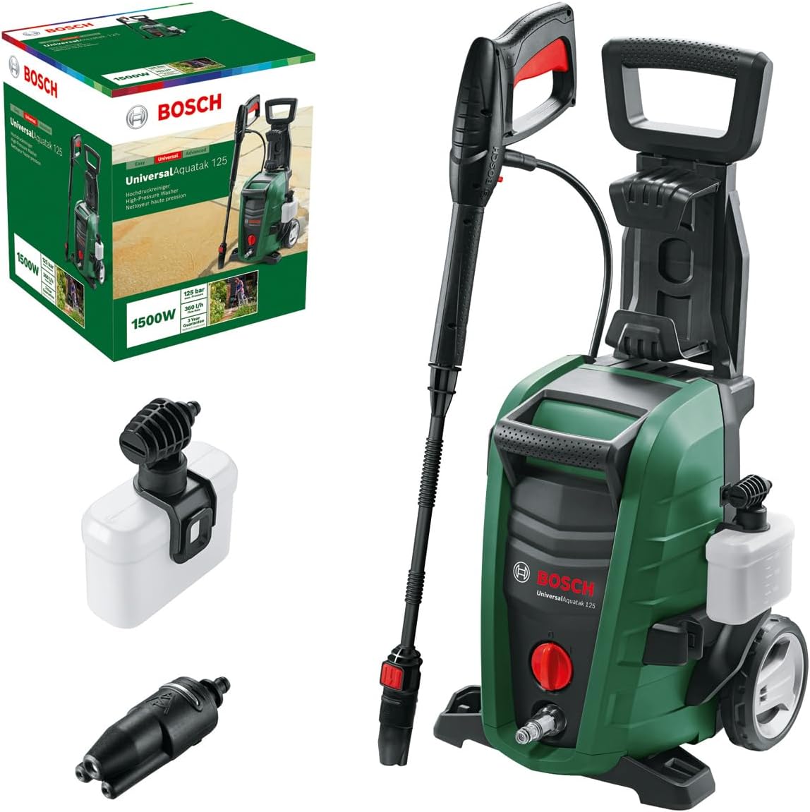 Bosch Universal Aquatak 125 Pressure Washer | 2 nozzles, water filter, high pressure gun, 5 m hose, 5 m cable, power 1500 Watt, pressure 125 bar, 360 l/h