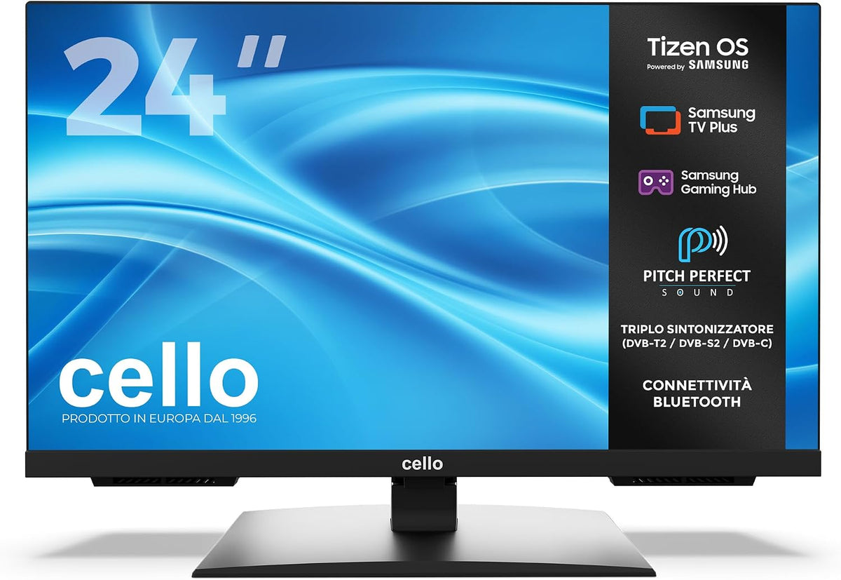 Cello C2426TZH 24 Unframed Smart LED TV with Samsung Tizen OS, Bluetooth, Gaming Hub, Pitch Perfect Speakers, Ideal for Kitchen, Bedroom and Small Spaces, Triple Tuner