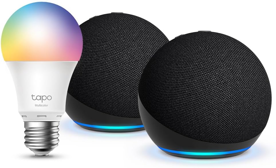 Echo Dot (5ª generazione) | Antracite, 2 pezzi + Tapo L530EA Lampadina LED Smart (E27), Compatibile con Alexa - Kit di base per Casa Intelligente(Antracite/2x Echo Dot con lampadina intelligente)