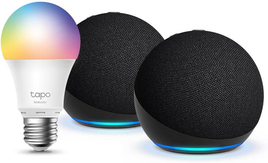 Echo Dot (5ª generazione) | Antracite, 2 pezzi + Tapo L530EA Lampadina LED Smart (E27), Compatibile con Alexa - Kit di base per Casa Intelligente(Antracite/2x Echo Dot con lampadina intelligente)