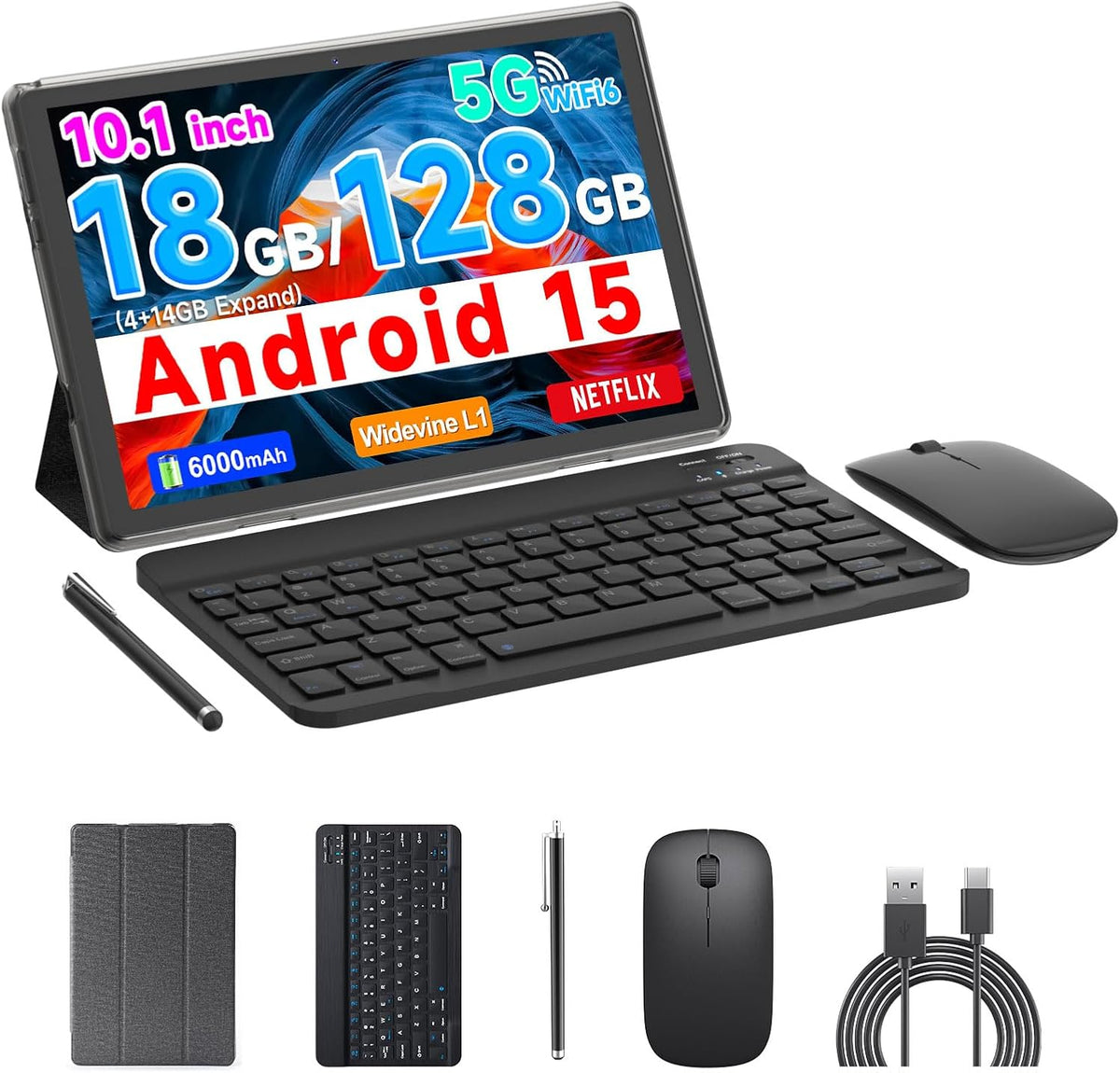10 Inch 2 in 1 Android Tablet 12GB RAM 128GB ROM Expandable to 1TB with Case, Keyboard, Stylus Pen, Dual Camera, WiFi, Bluetooth, 6000mAh Battery(2-Black)
