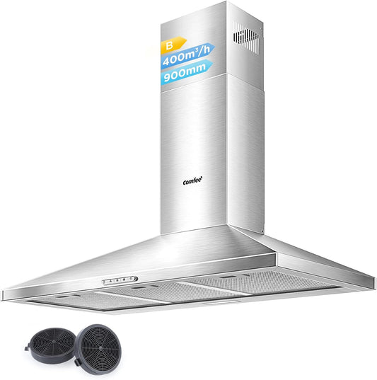 COMFEE' Cappa Aspirante 90 cm PYRA17SS-90 Acciaio Inossidabile Cappa Cucina con LED, Sistema di Ricircolo e Canalizzazione e Filtri a Carbone(90CM)