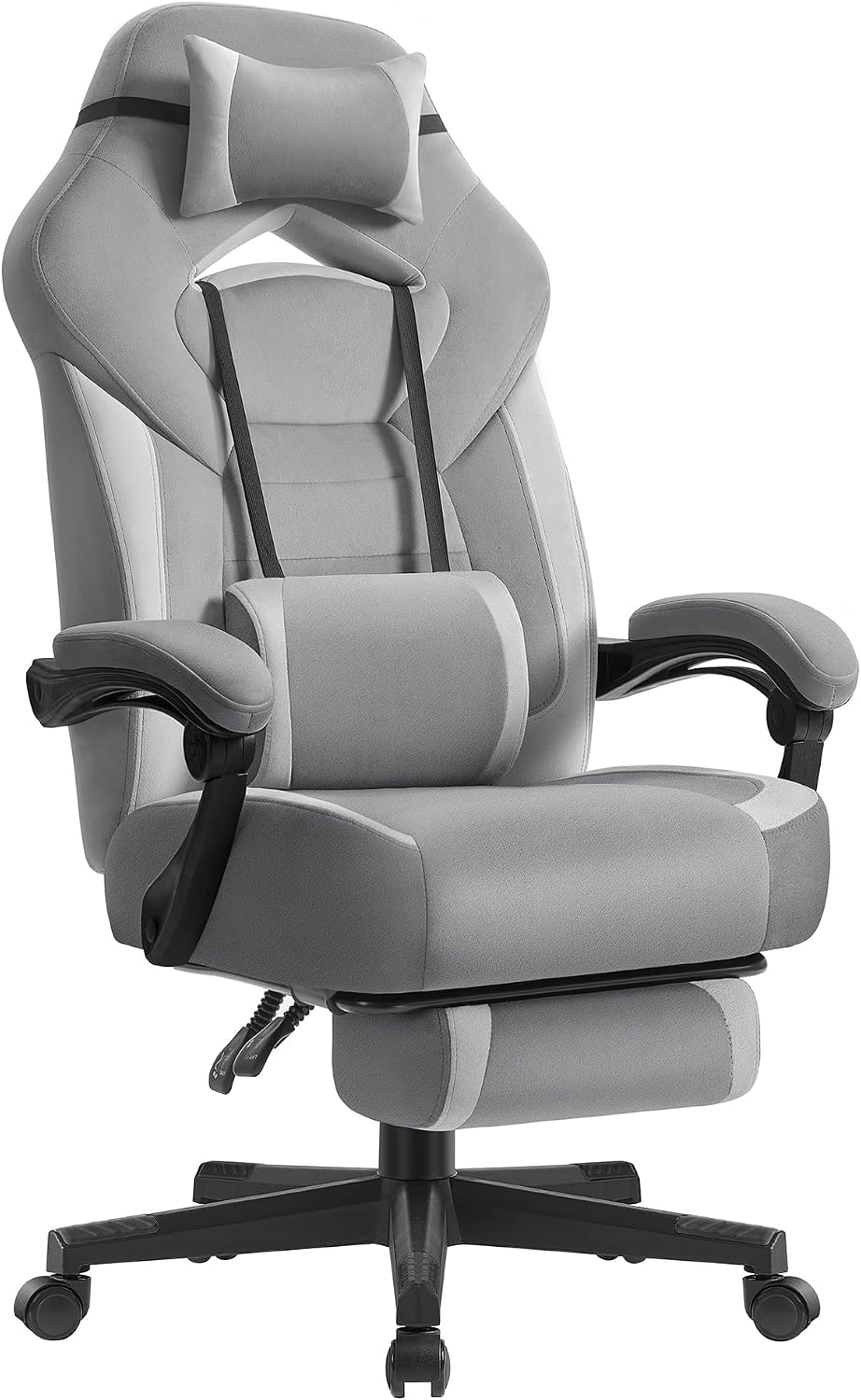 SONGMICS Sedia Gaming, Sedia Ufficio Scrivania, Ergonomico, con Poggiapiedi, Poggiatesta Regolabile, Cuscino Lombare, Portata 150 kg, Grigio Ardesia e Grigio Tortora OBG077G02(Grigio Ardesia + Grigio Tortora/Pelle scamosciata)