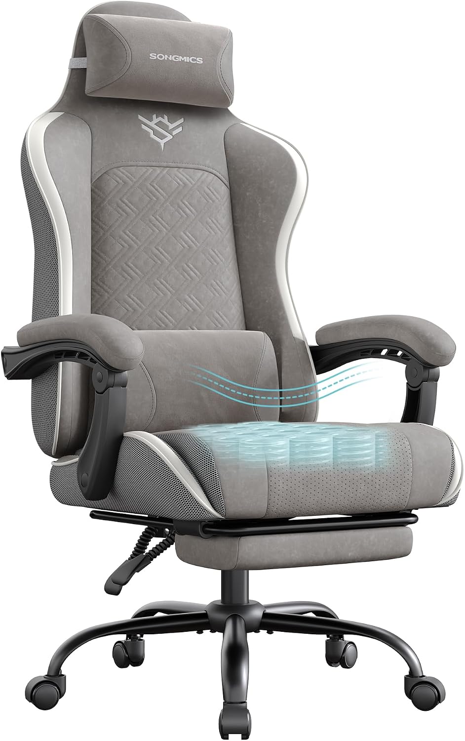 SONGMICS Sedia Gaming, Sedia da Ufficio Scrivania, Ergonomica, Seduta con Molle, Poggiapiedi, Braccioli con Meccanismo Sincronizzato, Nero Inchiostro OBG079B01(Grigio Tortora)