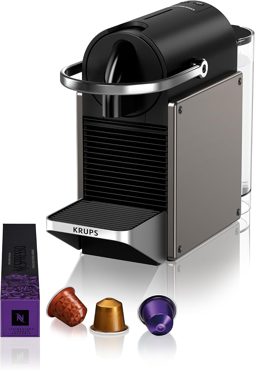 Krups XN306TK Nespresso Pixie Titan, Macchina per caffè Espresso, Ricette Programmabili, 2 Lunghezze, Spegnimento Automatico, 1260 W, 0.7 Litri