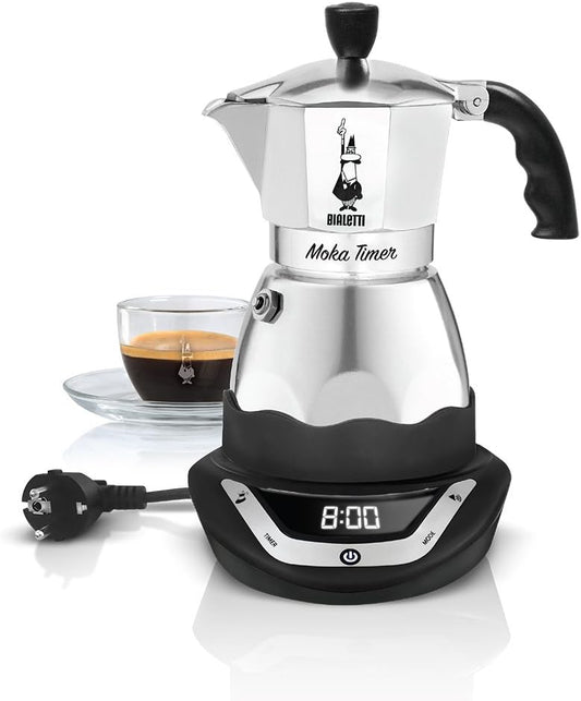 Bialetti Moka Timer, Caffettiera Elettrica con Timer Incorporato, 6 Tazze(Single/3 Tazze)