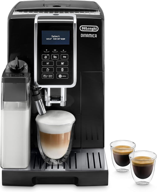 De'Longhi Perfetto Dinamica ECAM350.55.B, Macchina da Caffè Automatica, Chicchi macinati al momento, Caraffa Montalatte Automatica per Cappuccino, 4 Bevande One Touch, Spegnimento Programmabile, Nero(4 Bevande)